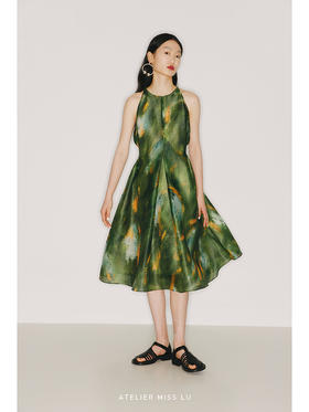 【午夜睡莲】品牌定制印花欧根纱削肩收腰大摆伞裙/22000015