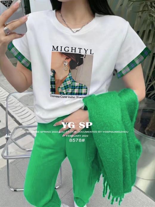 女美女拼格仔短T8578 商品图1