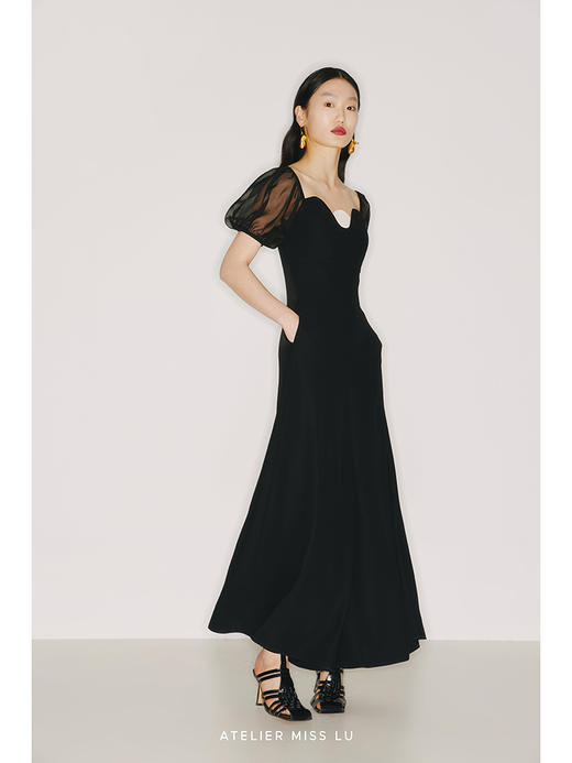 【圆半初升】不规则领口撞色设计纱袖拼接高腰阔腿连体裤/22000002 商品图3