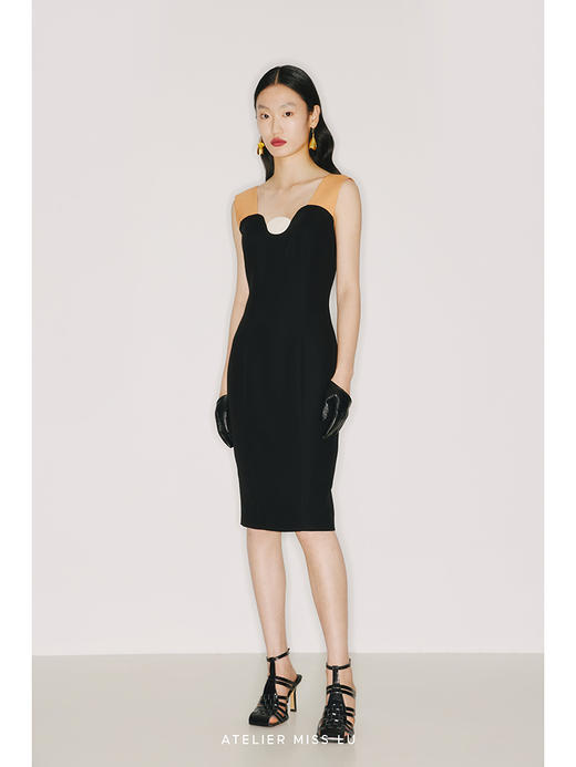 【午后海平线】圆半初升领口设计蜂蜜黄撞色肩带黑色修身连衣裙/22000026A 商品图1