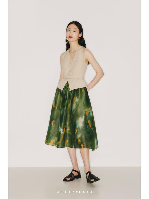 【莫奈花园】品牌定制印花欧根纱削肩马甲收腰连衣裙/22000014 商品图2