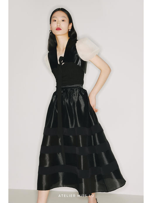 【暗夜骑士】黑色环保PU皮质拼接薄纱弧形袖系带造型短外套/22008 商品图2