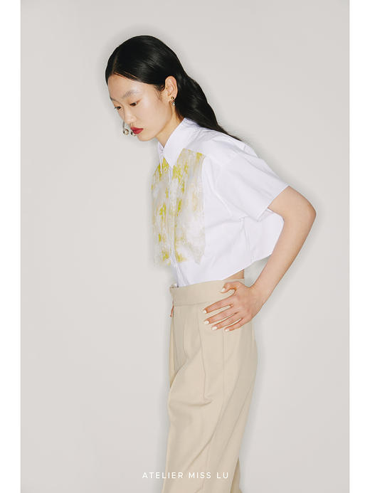 【繁花乐园】品牌定制桑蚕丝印花拼接纯白衬衣/220012B 商品图3