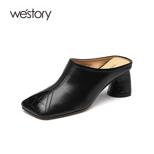 westory女鞋2021夏季新款真皮尖头高跟一字拖包头凉拖W21AH53421 商品图0