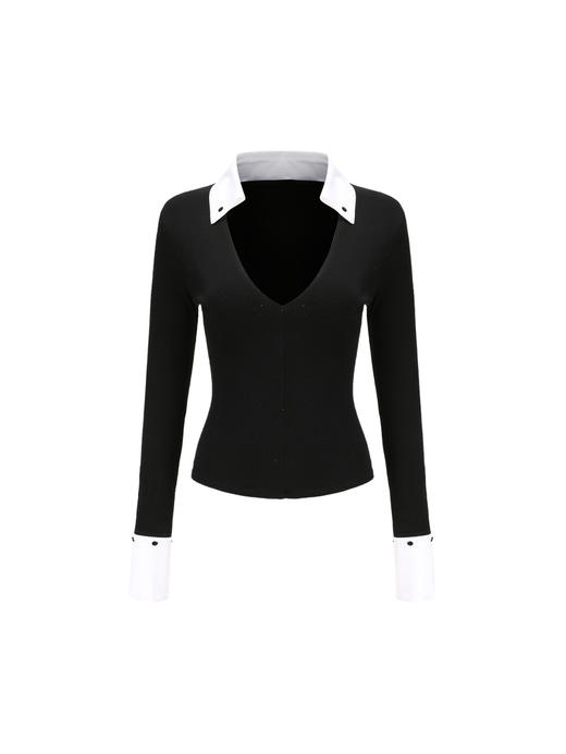 【玩趣】可拆卸衣领衣袖黑拼纯白V领针织上衣/220022 商品图4