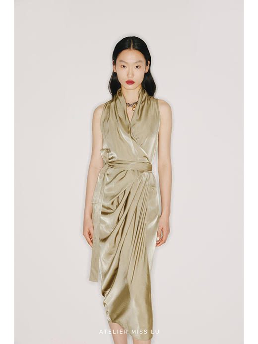 【雕塑】腰间系带设计浅金绿立裁垂褶裹身连衣裙/22000010 商品图3