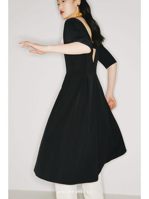 【华尔兹】手工圆片撞色拼接弧形V领黑色中袖连衣裙/22000028 商品图2