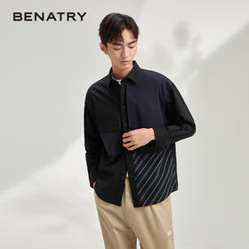 贝纳川简约工装衬衫男2023春季新款美式休闲条纹拼接潮牌外套ECY311001402