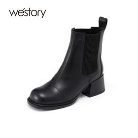 westory2021秋季新款切尔西靴烟筒靴短筒粗跟复古44491