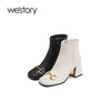 westory2021秋季新品时尚百搭方头复古高跟中筒靴子女S21DS80671 商品缩略图0