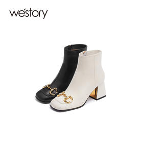 westory2021秋季新品时尚百搭方头复古高跟中筒靴子女S21DS80671