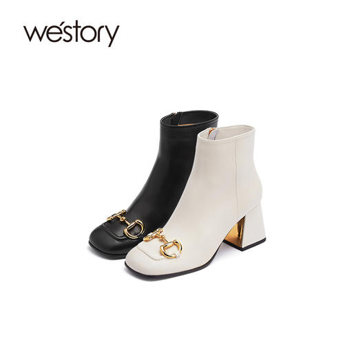 westory2021秋季新品时尚百搭方头复古高跟中筒靴子女S21DS80671 商品图0
