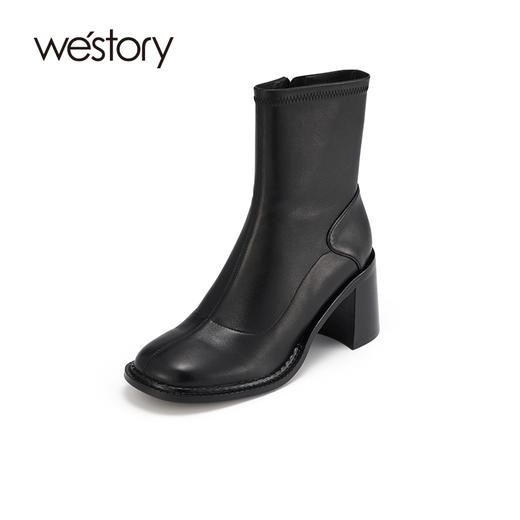 westory2021秋季新款纯色线条感短筒时装靴英伦风高跟S21DS81221 商品图0