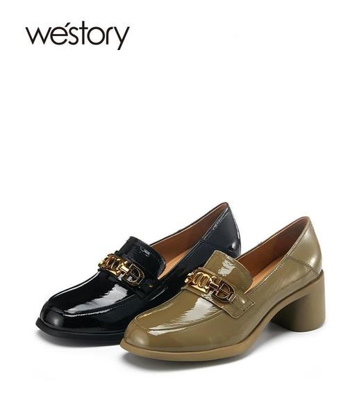 westory漆皮纯色单鞋女22年春季新款粗跟英伦风小皮鞋一脚蹬S22AM54601 商品图0