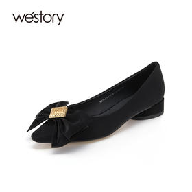 westory蝴蝶结单鞋低跟通勤浅口一脚蹬女鞋真皮百搭时尚纯色鞋子S22AE54111