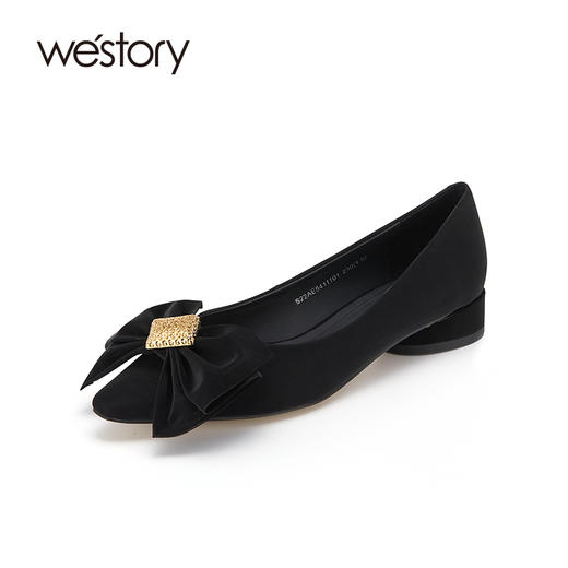 westory蝴蝶结单鞋低跟通勤浅口一脚蹬女鞋真皮百搭时尚纯色鞋子S22AE54111 商品图0