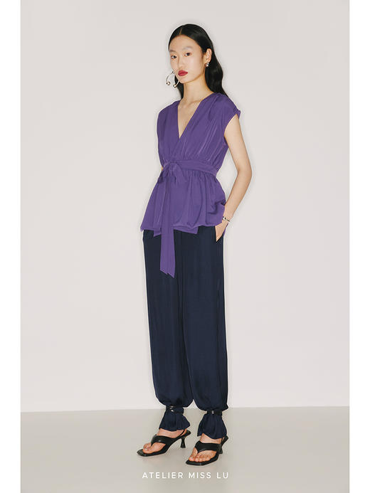 【竖琴】立裁垂褶设计高腰系带浓郁紫宽肩上衣/220021B 商品图1