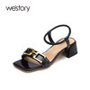 westory女鞋2021夏季新款漆皮水钻粗跟一字带凉鞋外穿S21BG60921 商品缩略图0