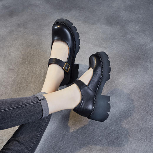 厚底小皮鞋，皮带扣单鞋真皮日系JK复古粗跟浅口玛丽珍鞋ZM22087 商品图2