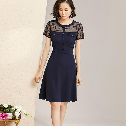 米思阳夏季新款气质优雅拼接镂空蕾丝修身显瘦短袖连衣裙1288 商品图2