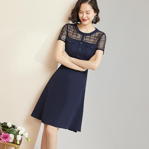 米思阳夏季新款气质优雅拼接镂空蕾丝修身显瘦短袖连衣裙1288 商品图0