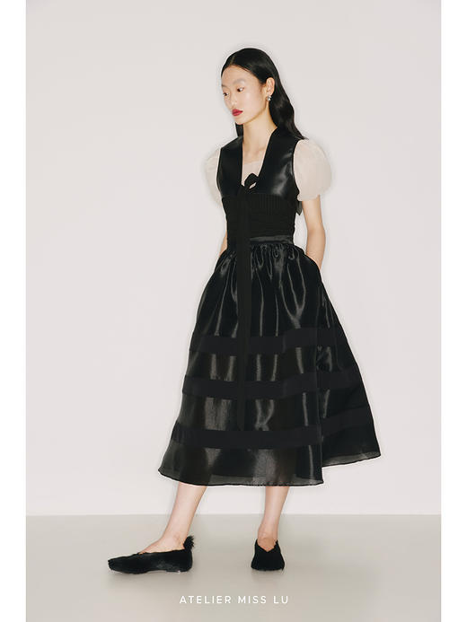 【暗夜骑士】黑色环保PU皮质拼接薄纱弧形袖系带造型短外套/22008 商品图3