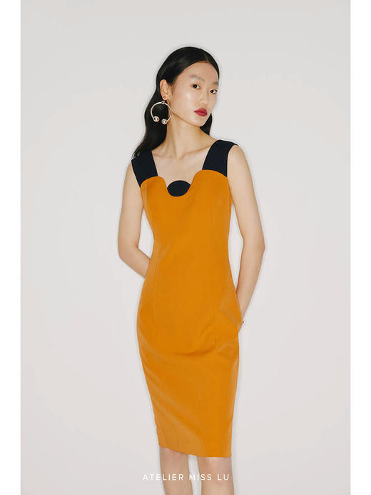 【午后海平线】圆半初升领口设计日落黄撞色修身连衣裙/22000026B 商品图3