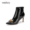 westory2020冬季新款真皮漆皮链条尖头高跟时装靴女W20DS80401 商品缩略图0