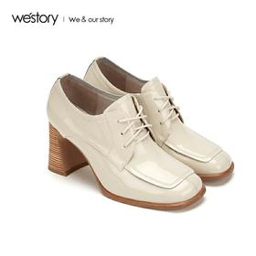 westory通勤百搭女2020春新品方头粗跟系带靴W29CM70481