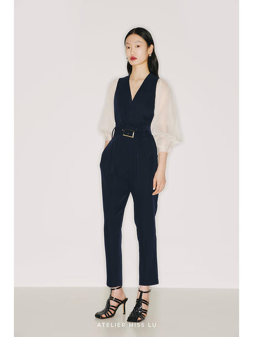 【骑士公主】象牙白透纱廓形长袖拼接藏青收腰马甲/220016B 商品图2