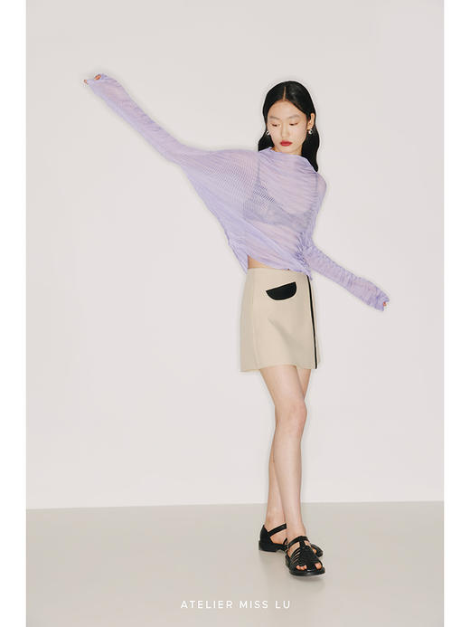 【百折】异形压褶设计长春花蓝透视上衣/220015B 商品图3