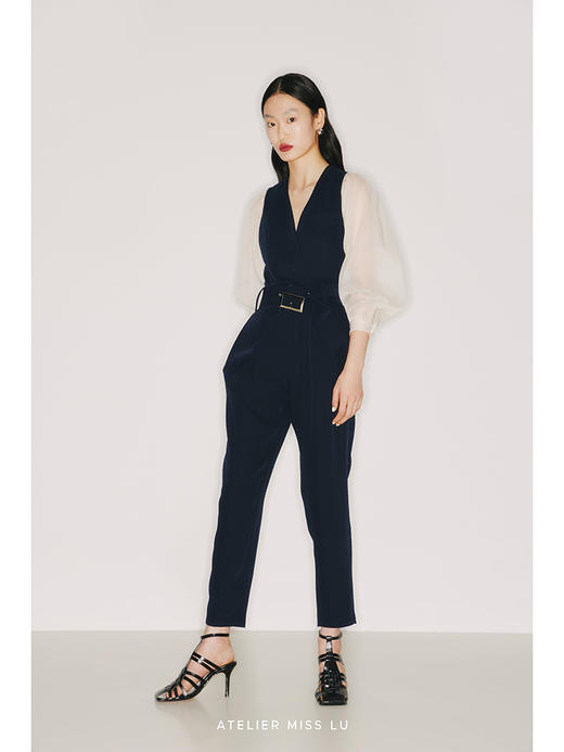 【骑士公主】象牙白透纱廓形长袖拼接藏青收腰马甲/220016B 商品图3