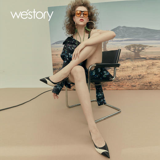 westory女鞋新款春季细跟高跟鞋尖头拼色婚鞋52001 商品图1