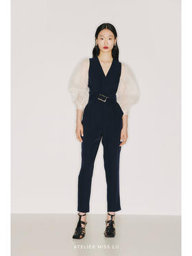 【骑士公主】象牙白透纱廓形长袖拼接藏青收腰马甲/220016B