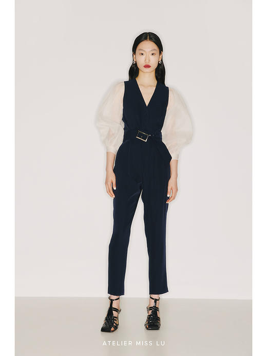 【骑士公主】象牙白透纱廓形长袖拼接藏青收腰马甲/220016B 商品图0