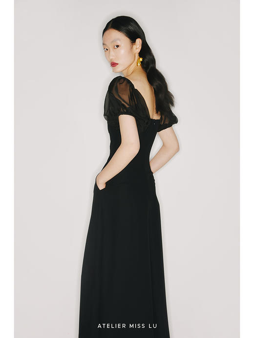 【圆半初升】不规则领口撞色设计纱袖拼接高腰阔腿连体裤/22000002 商品图2