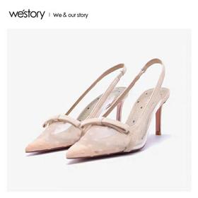 westory2020年夏新品镂空蕾丝波点蝴蝶结性感高跟细跟包头单凉鞋W20AH51941
