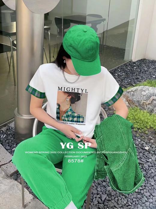 女美女拼格仔短T8578 商品图0