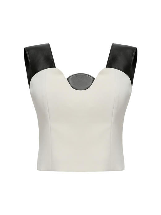 【奥利奥】圆半初升领口设计环保PU皮质拼接浅青白吊带上衣/220019 商品图4