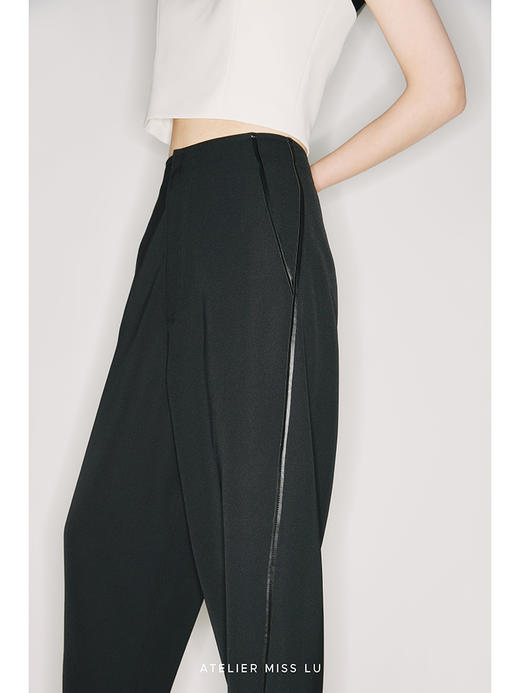 【极夜】环保PU皮质压边设计黑色高腰锥形裤/220005 商品图3