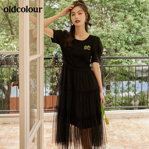oldcolour2022夏季新款休闲针织拼接修身网纱下摆气质连衣裙BO21101014 商品图2
