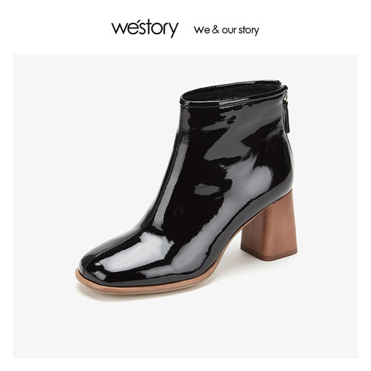 westory牛漆皮高跟短靴木纹沿边时尚女鞋2019冬季新款W29DS80481 商品图0