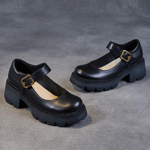 厚底小皮鞋，皮带扣单鞋真皮日系JK复古粗跟浅口玛丽珍鞋ZM22087 商品图3
