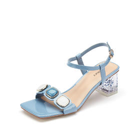 westory女鞋2021夏季新款一字带简约饰扣舒适水晶粗跟中低跟凉鞋女夏S21BG60691