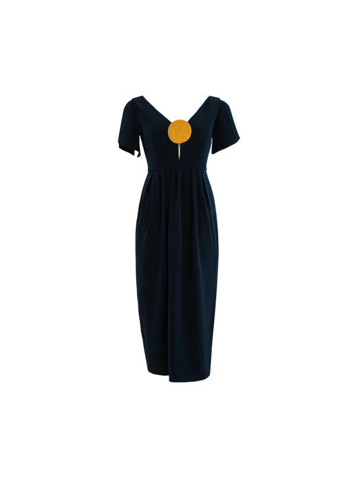 【光束】琉璃黄圆片撞色拼接伞袖藏青连衣裙/22000024 商品图4