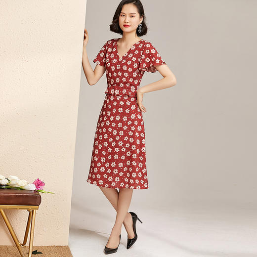 米思阳时尚印花夏季新款V领气质荷叶边高腰设计显瘦雪纺连衣裙 商品图3