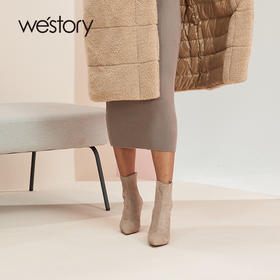 westory2020冬季新版小羊皮时装靴女尖头细跟中筒靴W20DS80231