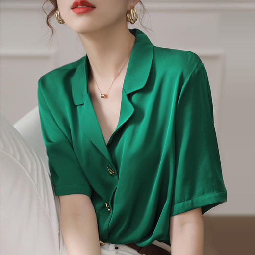 丁摩 真丝衬衫洋气时尚法式短袖绿色桑蚕丝衬衣上衣开衫Q122034 商品图2