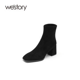 westory2021秋季新款粗跟短靴瘦瘦靴方头高跟时尚短靴S21DS81191