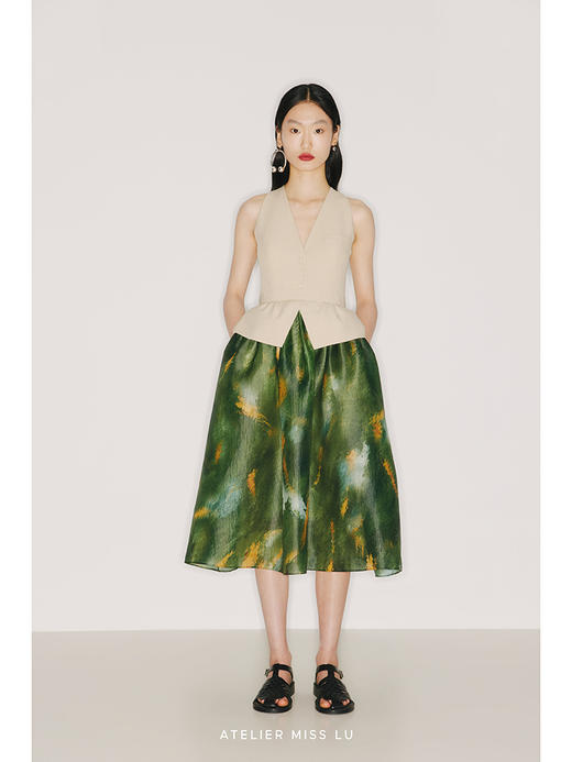 【莫奈花园】品牌定制印花欧根纱削肩马甲收腰连衣裙/22000014 商品图0